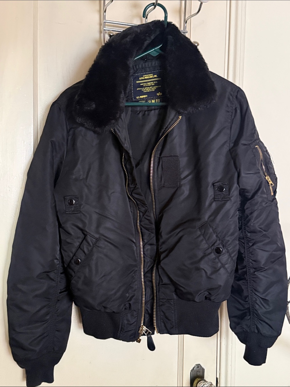 Alpha Industries Black Bomber Slim Fit Jacket with Removable Faux Fur Collar